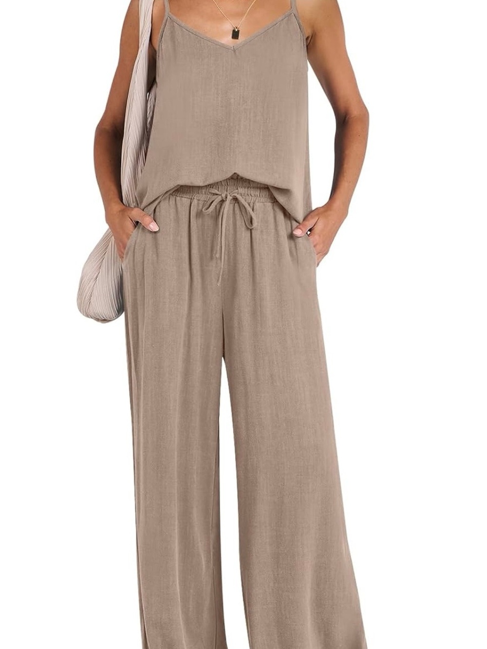 Women's Linen Wide-Leg Drawstring Pants & Top- Taupe